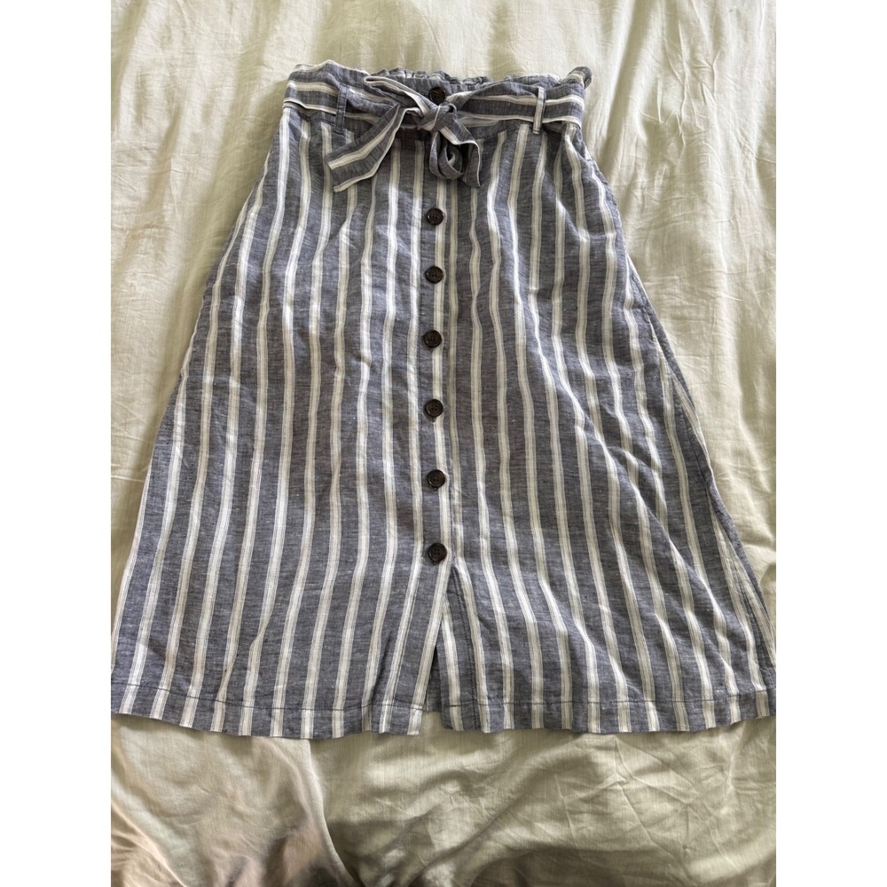 Christian Siriano Linen Stripe Button Front Midi Skirt Coastal Cottagecore M - Picture 2 of 7